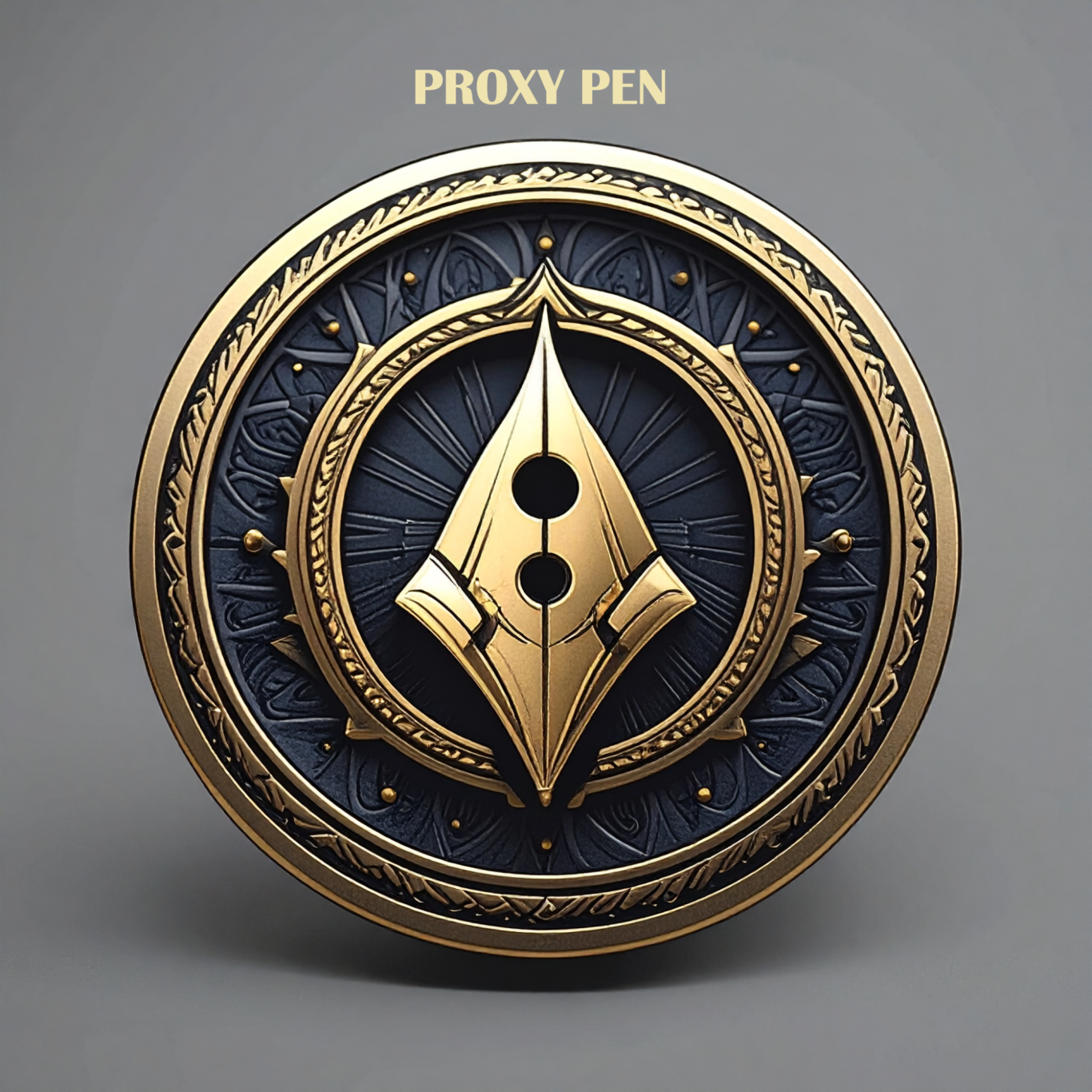 Proxy Pen Logo Gold and grey circular emblem featuring a stylized fountain pen nib design.